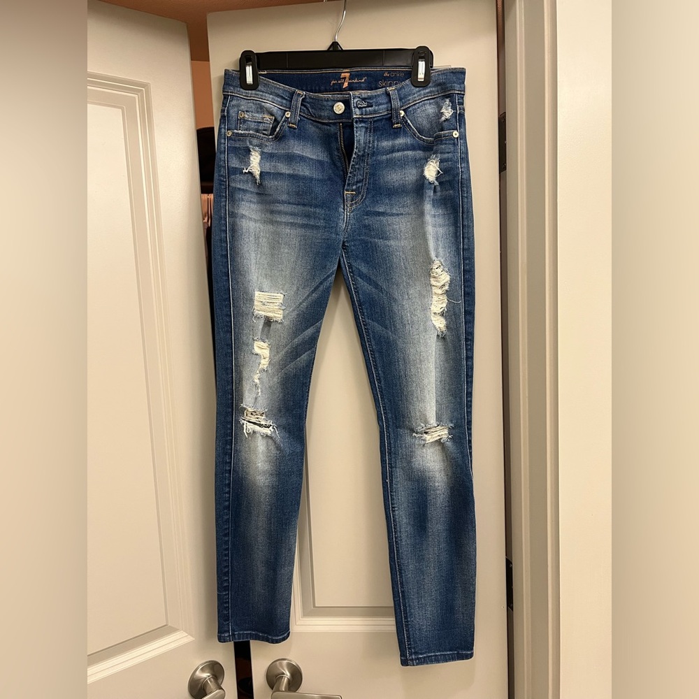 7 For All Mankind Distressed Dark Blue Ankle Skinny Jeans